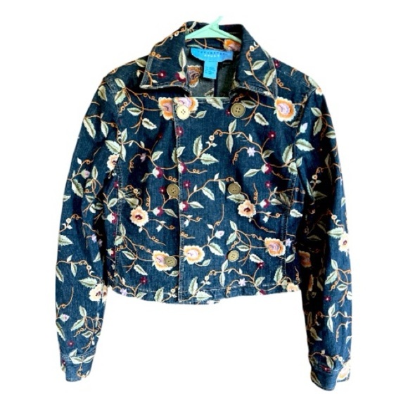 Doncaster Dark Denim Floral Embroidered Jean Jacket Cropped Boho Peacoat Size 10 - Picture 6 of 12